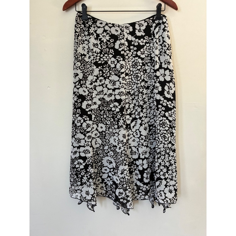 Judith Hart Dark Romantic Black White Floral Handkerchief Hem Midi Skirt 14P